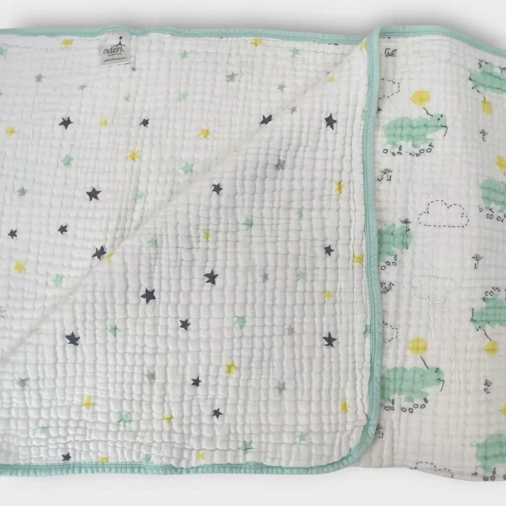Aden & Anais Mint Green Hippo Roller Skating Yellow Balloon Baby Muslin Blanket